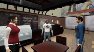 A virtual reality simulation of a social setting.